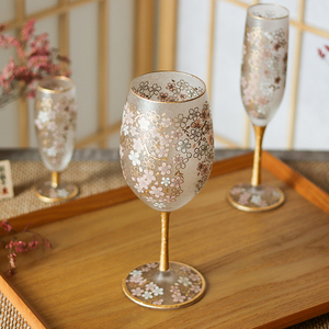 日本进口石塚硝子樱花描金磨砂玻璃杯复古香槟红酒杯对杯礼盒装