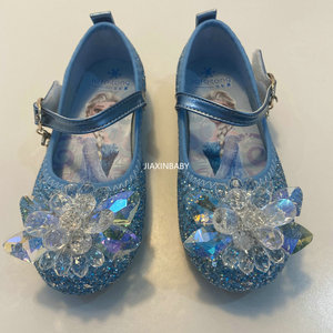 女童水钻水晶鞋2024新款儿童超仙蓝色软底皮鞋生日鞋舞蹈鞋礼服鞋