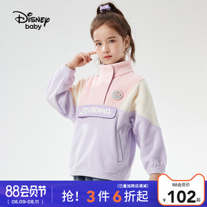 迪士尼童装女童宝粒绒拼接设计半门襟外套2022秋季新款儿童上衣