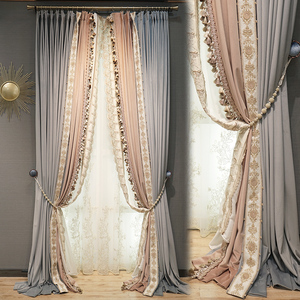 法式轻奢灰色脏粉色欧式高档丝绒布高端客厅大气花边绣花窗帘卧室