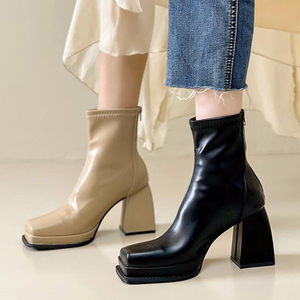 时尚部落高跟鞋短靴子女2023年秋季新款韩版粗跟马丁靴黑色瘦瘦靴