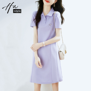 紫色连衣裙女夏季新款POLO领休闲简约气质小个子显瘦短袖T恤裙子