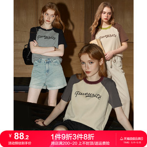 【多色可选】库恩玛维撞色插肩袖T恤女2024年夏新款个性印花短袖
