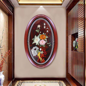 中式玄关装饰画高档正对大门墙玉石挂画入户走廊过道孔雀壁画竖版