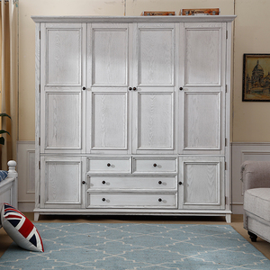 美式乡村实木衣柜法式做旧橡木四门大衣橱样板房卧室白色简约衣柜