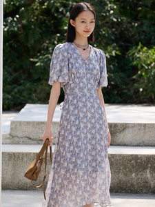 韩式泡泡袖圆领连衣裙女士2024夏季新品渲染印花温柔优雅减龄长裙
