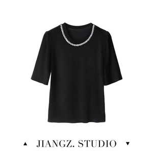 「JIANG.Z定制」泡泡袖钉珠短袖T恤夏季弹力舒适上衣24Z2017