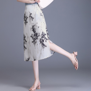 新中式复古气质开叉A字裙女夏薄款雪纺半裙新款中国风印花半身裙