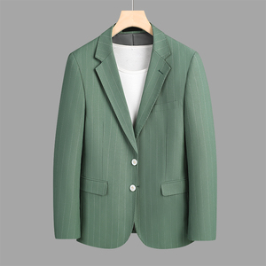 条纹西装外套男春季新款商务两粒扣休闲单件双开叉西服绿色上衣潮