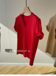 韩系红色V领短袖T恤女夏设计感纯棉针织百搭简约体恤打底正肩上衣