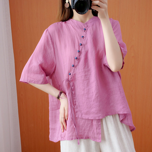夏季中国风斜扣系带减龄上衣文艺复古棉麻气质减龄中袖棉麻衬衫女