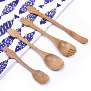 创意木勺日式环保榉木儿童卡通木勺子家用勺叉一体木质餐具搅拌勺