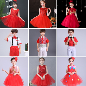 儿童演出服红色蓬蓬裙六一女童中国红唱红歌纱裙表演服装舞蹈服饰