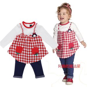 特价-原-韩版春秋女童红色格子假2件纯棉上衣T恤卫衣宝宝长裤套装
