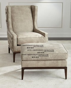 高端定制美式法式实木纽扣铆钉布艺单人位沙发椅洽谈椅老虎椅脚蹬