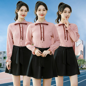 条纹衬衫女短裙套装韩版时尚蝴蝶结雪纺衫女式上衣短裙裤两件套