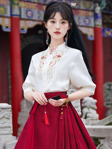 夏季新中式国风女搭配红色马面裙上衣套装2024新款小个子汉服衬衫