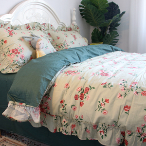 美式复古田园风小碎花全棉四件套纯棉床单床裙款被套绿色床上用品