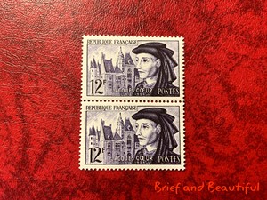 法国 商人 城堡建筑 雕刻版 双联 1955年 邮票