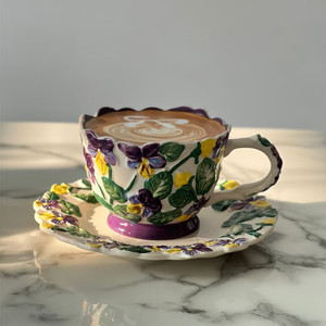 美式设计师款家用陶瓷咖啡杯鸢尾花咖啡杯碟下午茶杯盘套装点心盘