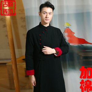 冬季复古唐装棉袄男士青年中式汉服中国风外套男装禅修服长衫长袍