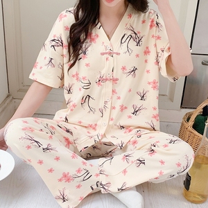 睡衣女夏季新中式中国风纯棉和服可爱樱花短袖长裤汗蒸家居服套装
