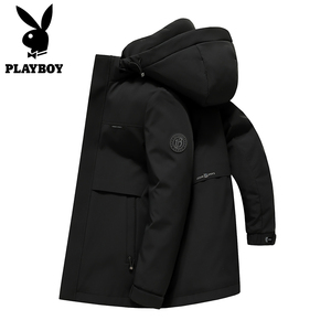 PLAYBOY潮流韩版中长款连帽鹅绒服男士冬季2023新款休闲百搭外套