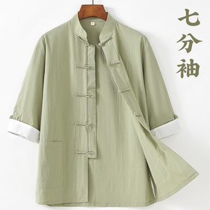 唐装改良版男时尚夏季薄款青年七分袖中国风短袖上衣外套盘扣半袖