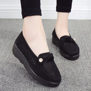 夏季老北京布鞋松糕厚底单鞋中跟坡跟黑色工作鞋透气网鞋豆豆女鞋
