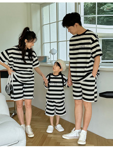 2024新款亲子装条纹两件套夏季休闲运动套装宽松洋气家庭装母女装