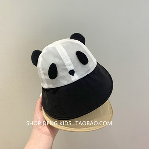 儿童帽子可爱熊猫夏季薄款透气网眼渔夫帽男女宝宝遮阳防晒盆帽潮