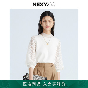 NEXY.CO/奈蔻春季新款休闲白色网纱针织衫女时尚毛衣单穿长袖上衣