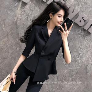 黑色中袖西装套装女2024年新款夏修身高级感气质小个子职业装套装