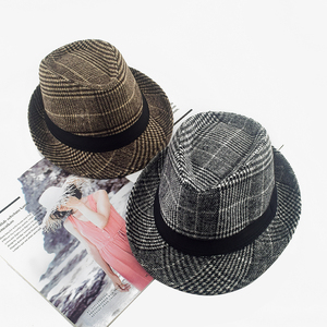 秋冬季礼帽男女通用黑色缎带员工帽爵士帽英伦短沿卷边格子店员帽