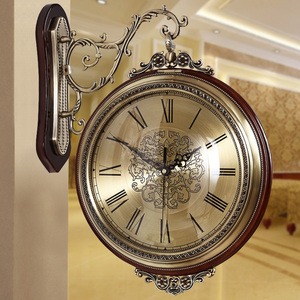 欧式客厅双面挂钟家用钟表实木时钟美式创意时尚石英钟静音两面钟