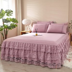 新款韩版公主蕾丝床裙式单件纯色床罩刺绣花边1.8m床防尘时尚床笠