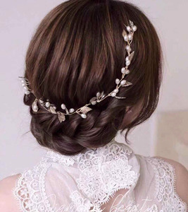 优雅时尚韩式新娘盘发饰品精致叶子珍珠发链编发头饰发箍发带头链