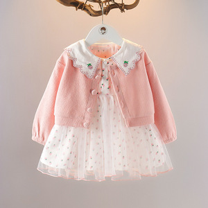 婴儿衣服春夏长袖连衣裙两件套洋气套装三岁女宝宝针织衫长袖套装