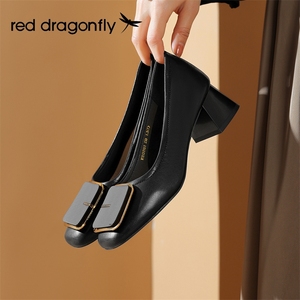 红蜻蜓黑色浅口单鞋女2024春秋新款配裙子的粗跟高跟鞋女士小皮鞋