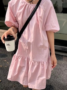 sanbara韩国泡泡袖衬衫裙女2024夏季新款鱼尾摆连衣裙宽松小白裙