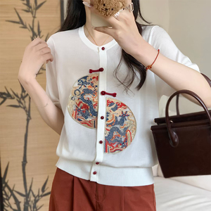 中国风龙腾图案刺绣短袖天丝针织开衫女夏季复古单排扣薄款小外搭