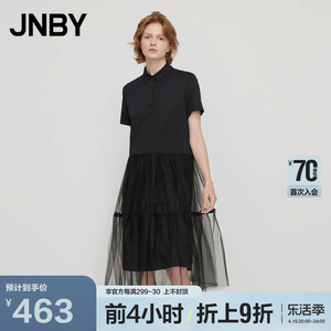 JNBY/江南布衣春夏折扣连衣裙浪漫网纱针织拼接短袖卫衣裙A字裙