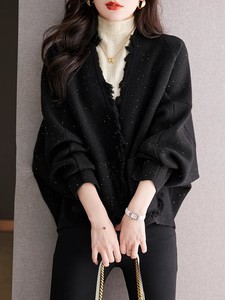 高级感气质黑色亮片短外套女春季春秋新款宽松蝙蝠袖针织毛衣开衫