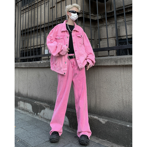 粉色牛仔套装男美式复古休闲长裤牛仔衣外套高街潮牌两件套高级感