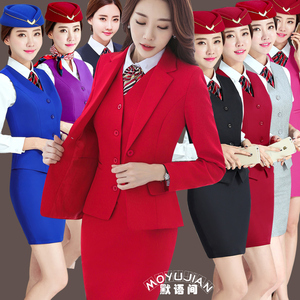 红色西装套装女职业装空姐制服女裙航空高端气质军鼓军乐队工作服