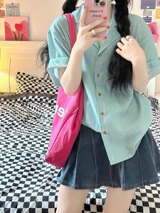 日系少女复古港味叠穿衬衫女短袖夏季新款韩版宽松条纹衬衣学生潮