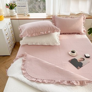 韩式全棉纯棉床盖三件套夹棉纯色盖毯防滑床单床罩榻榻米四季通用