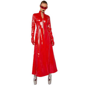 镜面漆皮超亮皮PVC前拉链红色长女士风衣长皮衣性感超长外套派对