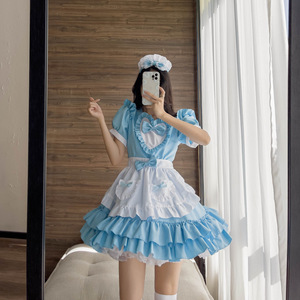 新款加大码cos服日系性感奶油小甜心女仆装 蓝色清纯洛丽塔连衣裙