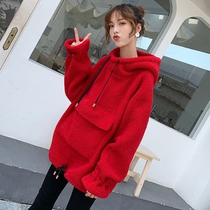 韩国羊羔毛卫衣女宽松加绒中长款连帽外套冬加厚韩版红色套头上衣